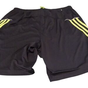 Adidas large dark grey with 3 yellow stripes athletic basketball shorts